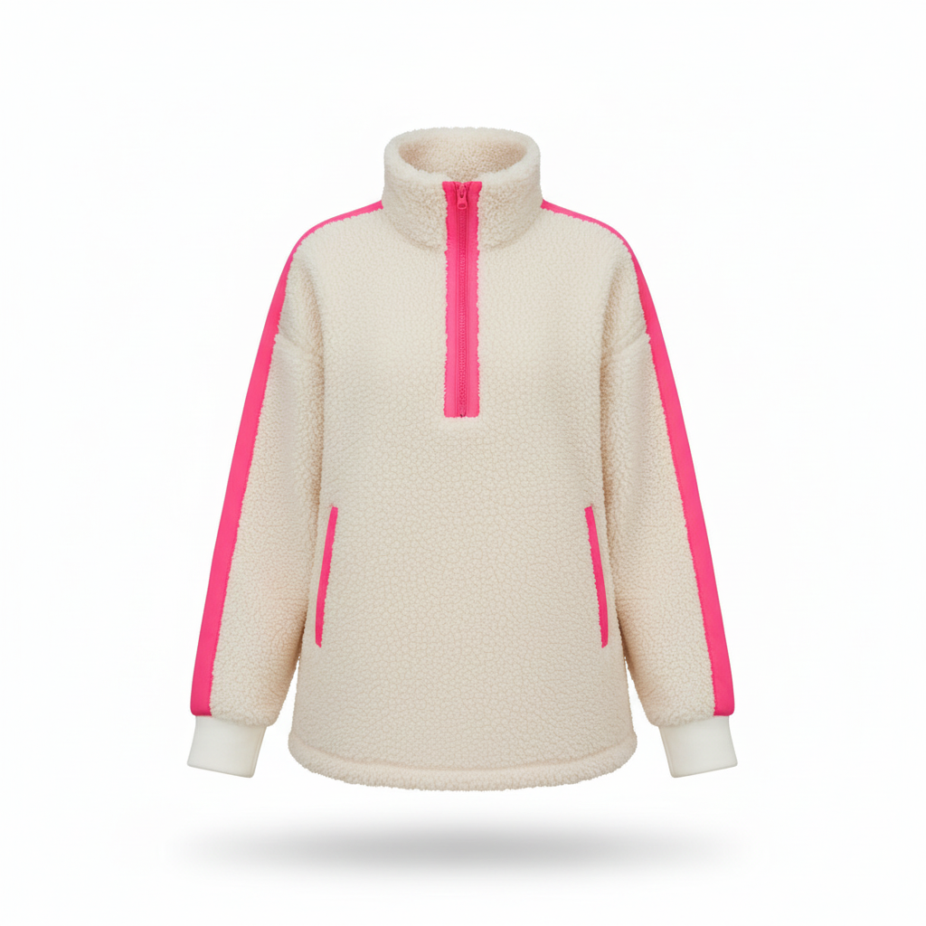 Weißer Damen Teddy Sweater mit neonpinken Ärmelstreifen, Stehkragen und kurzem Frontreißverschluss freigestellt auf weißem Hintergrund