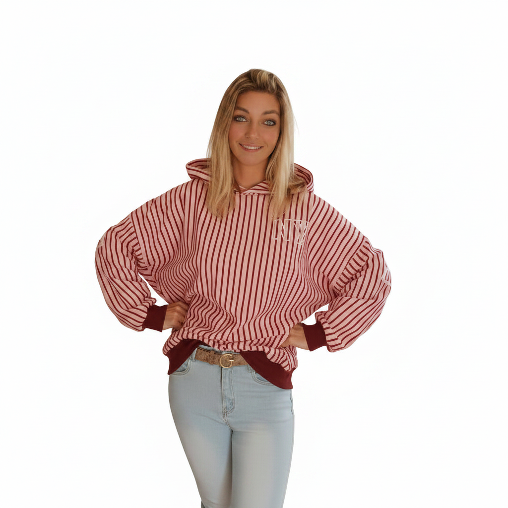 GMC Freisteller New York Hoodie Damen – Rot-Weiß gestreift, weißer Hintergrund