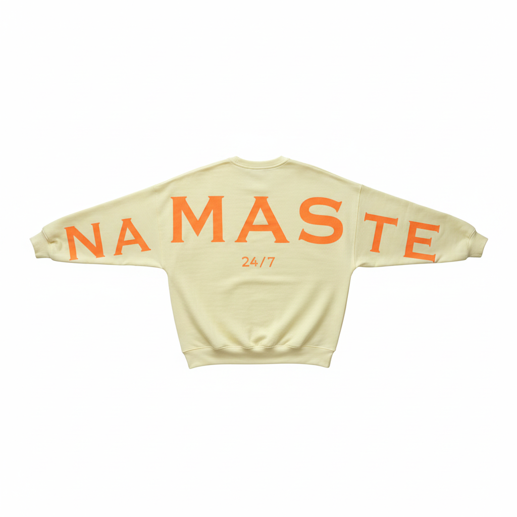 Namasté Oversize Sweatshirt Damen Pastellgelb – GMC Freisteller Rückansicht NAMASTE 24/7 Neonorange Großprint weißer Hintergrund