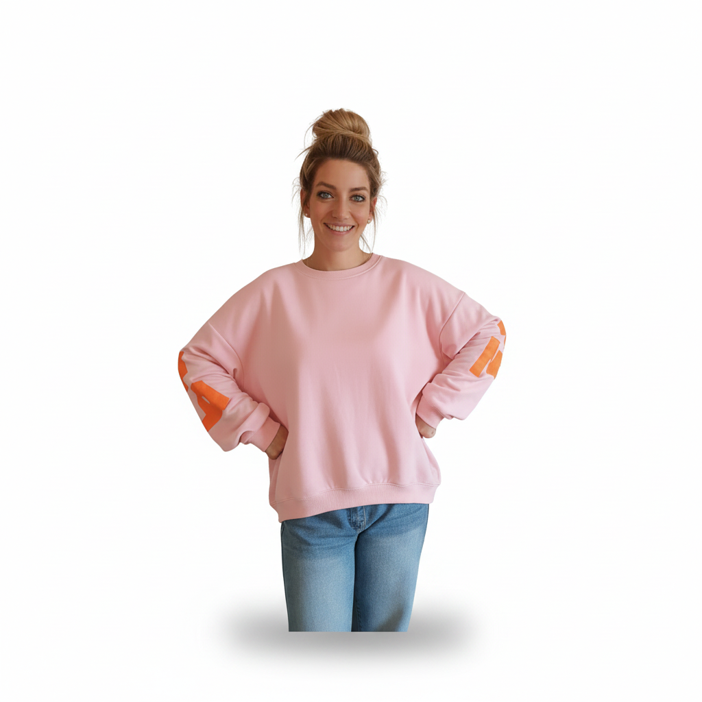 Rosa PARADISE-Sweatshirt mit orangefarbenem Ärmelprint am Model vor weißem Hintergrund