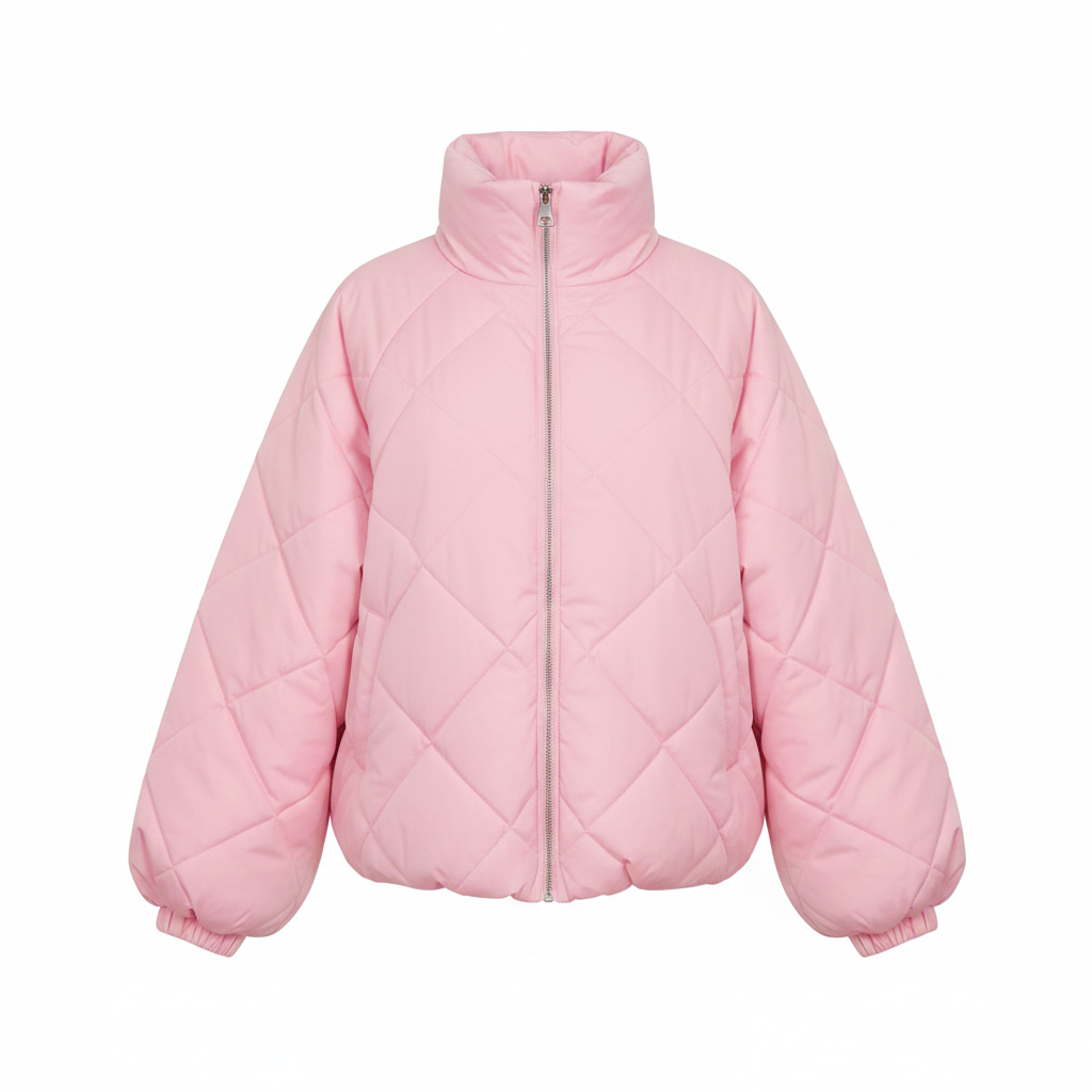 Rosa gesteppte Boho-Luxe Damenjacke mit Stehkragen und Reißverschluss