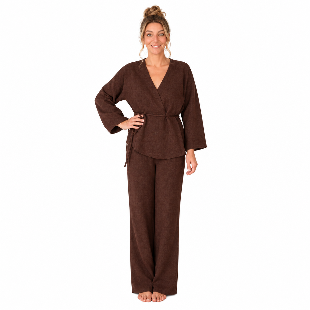 Braunes Strick-Loungewear-Set mit Wickeloberteil und Bindegürtel, Freisteller auf weißem Hintergrund, One Size
