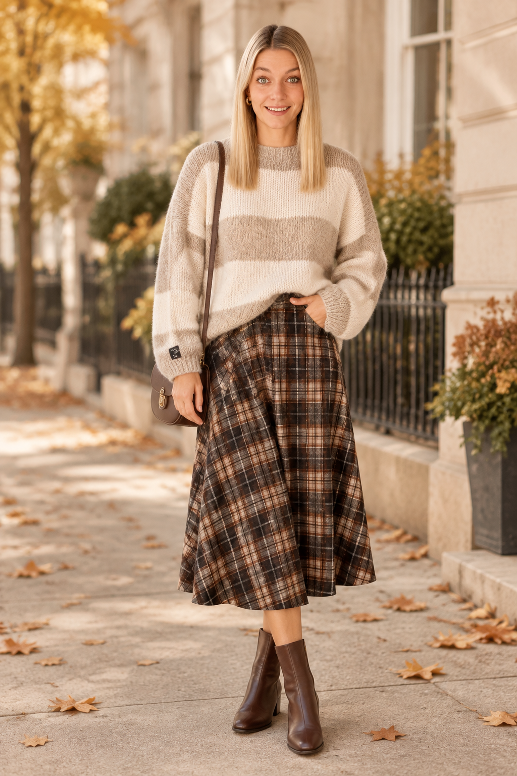 Beige-creme gestreifter Damen-Strickpullover mit kariertem Midirock, braunen Stiefeletten und Umhängetasche, am Model auf einer herbstlichen Straße