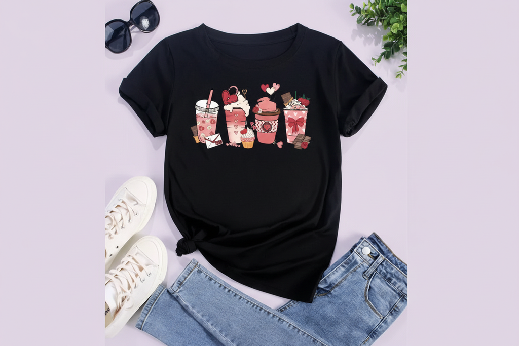 Oversized T-Shirt Coffee Cup Print auf Pastel Lavender Hintergrund