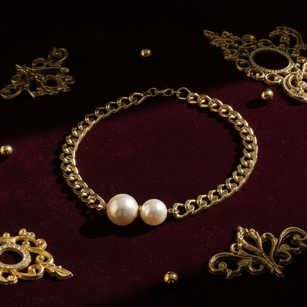 18K vergoldete Perlenkette auf burgunderfarbenem Samt