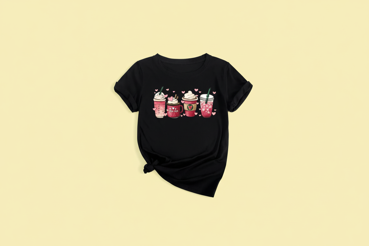 Oversized T-Shirt Coffee Cup Print auf Pastel Yellow Hintergrund