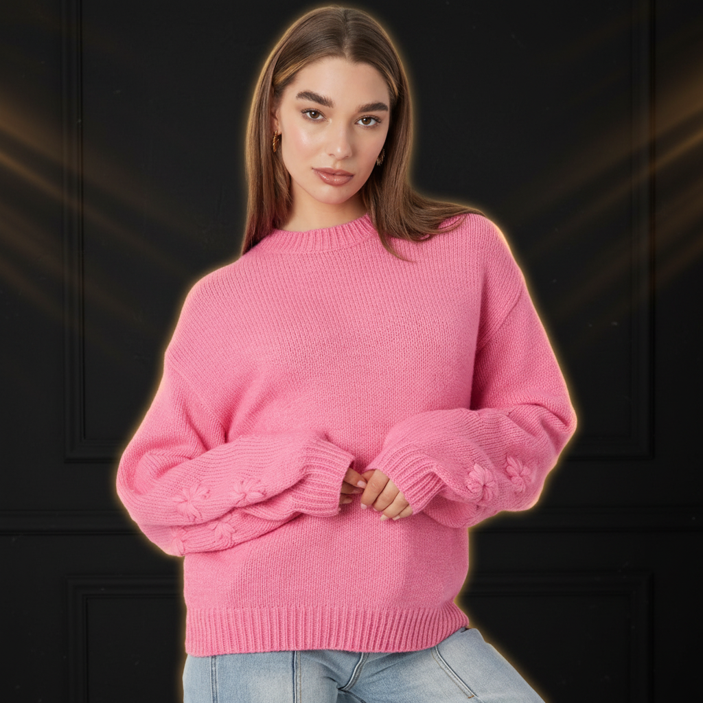 Damen Oversized Pullover Woll-Mix Florale Applikation - Dark Luxe Style