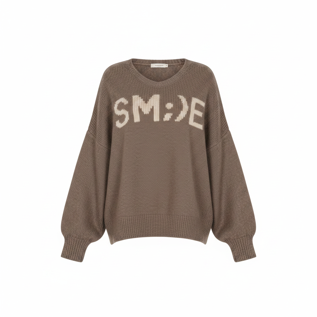 Brauner Boho-Luxe Strickpullover mit hellem Smiley-Schriftzug aus weichem Material.