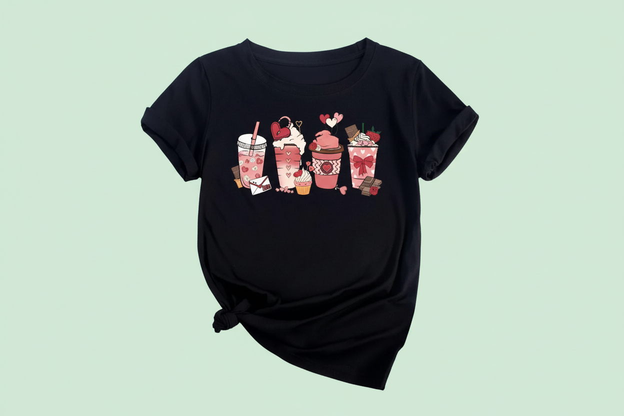 Oversized T-Shirt Coffee Cup Print auf Pastel Mint Hintergrund