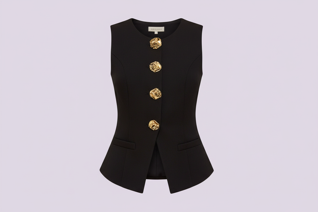 Elegante Damen-Weste mit Metallknöpfen auf Pastel Lavender Hintergrund