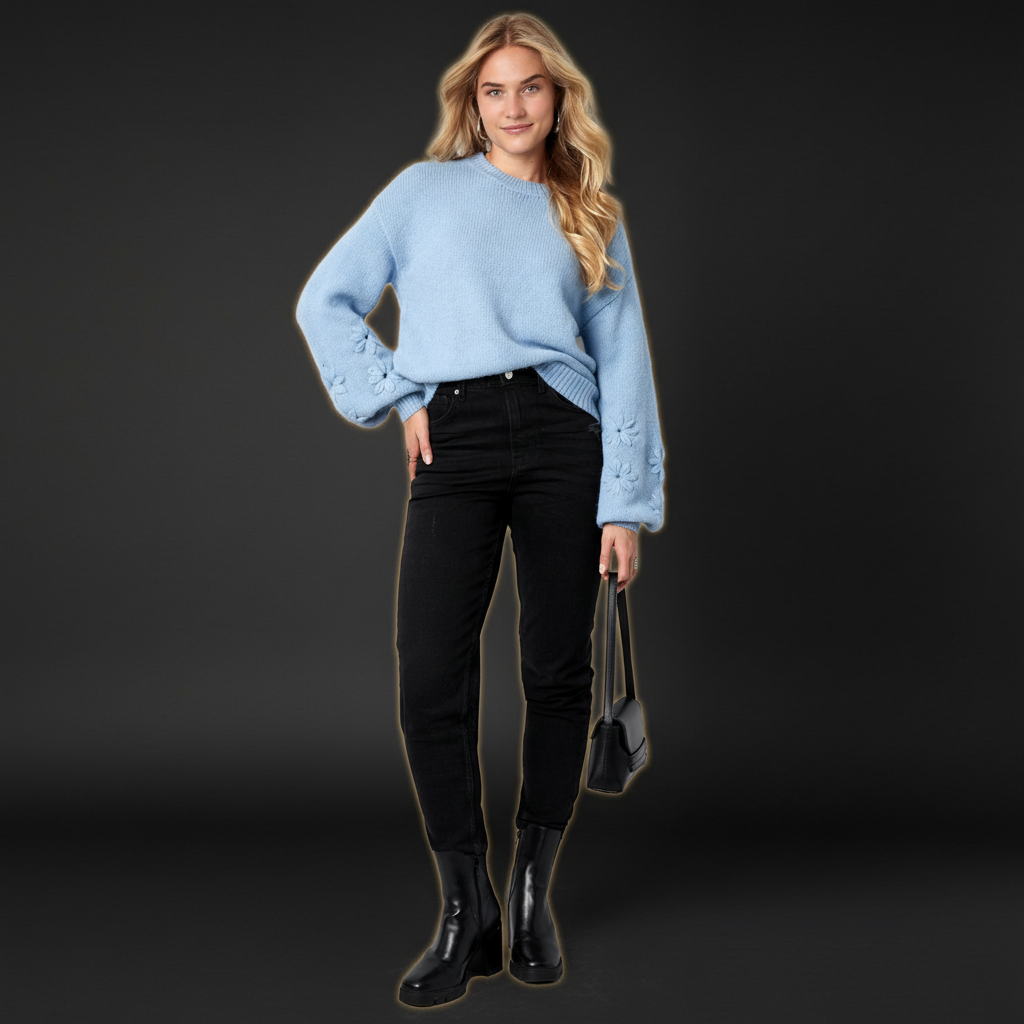 Damen Oversized Pullover Woll-Mix Florale Applikation - Dark Luxe Style