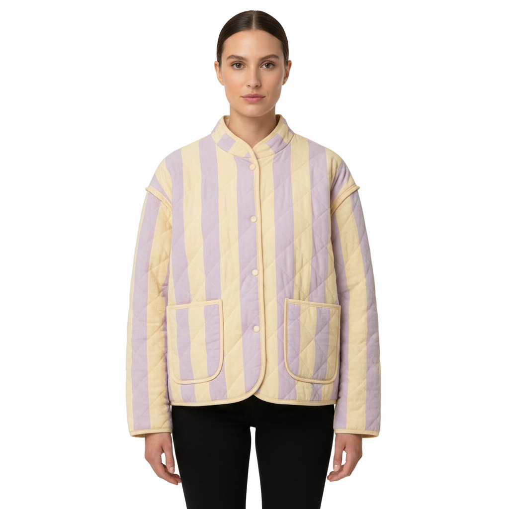 Boho-Luxe gesteppte Damenjacke in Pastellgelb und Flieder mit vertikalen Streifen.