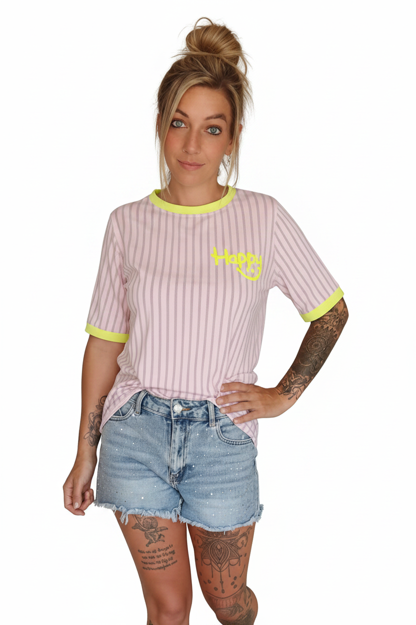 Damen Happy T-Shirt Lila-Lavendel Ringer-Stil mit Neon-Smiley-Print – GMC-Freisteller, weißer Hintergrund – SK-Style