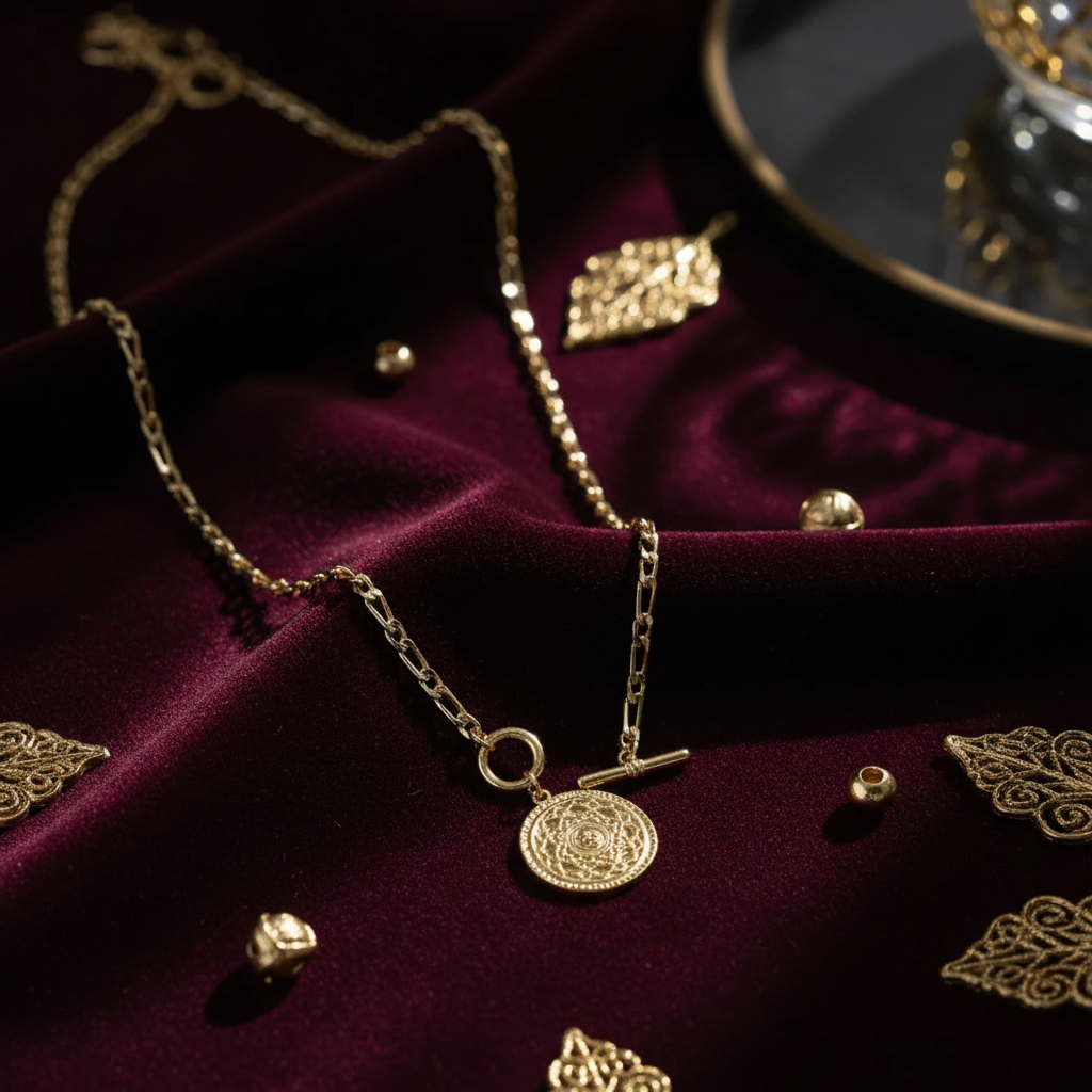 Vintage Münz-Halskette auf burgunderfarbenem Samt