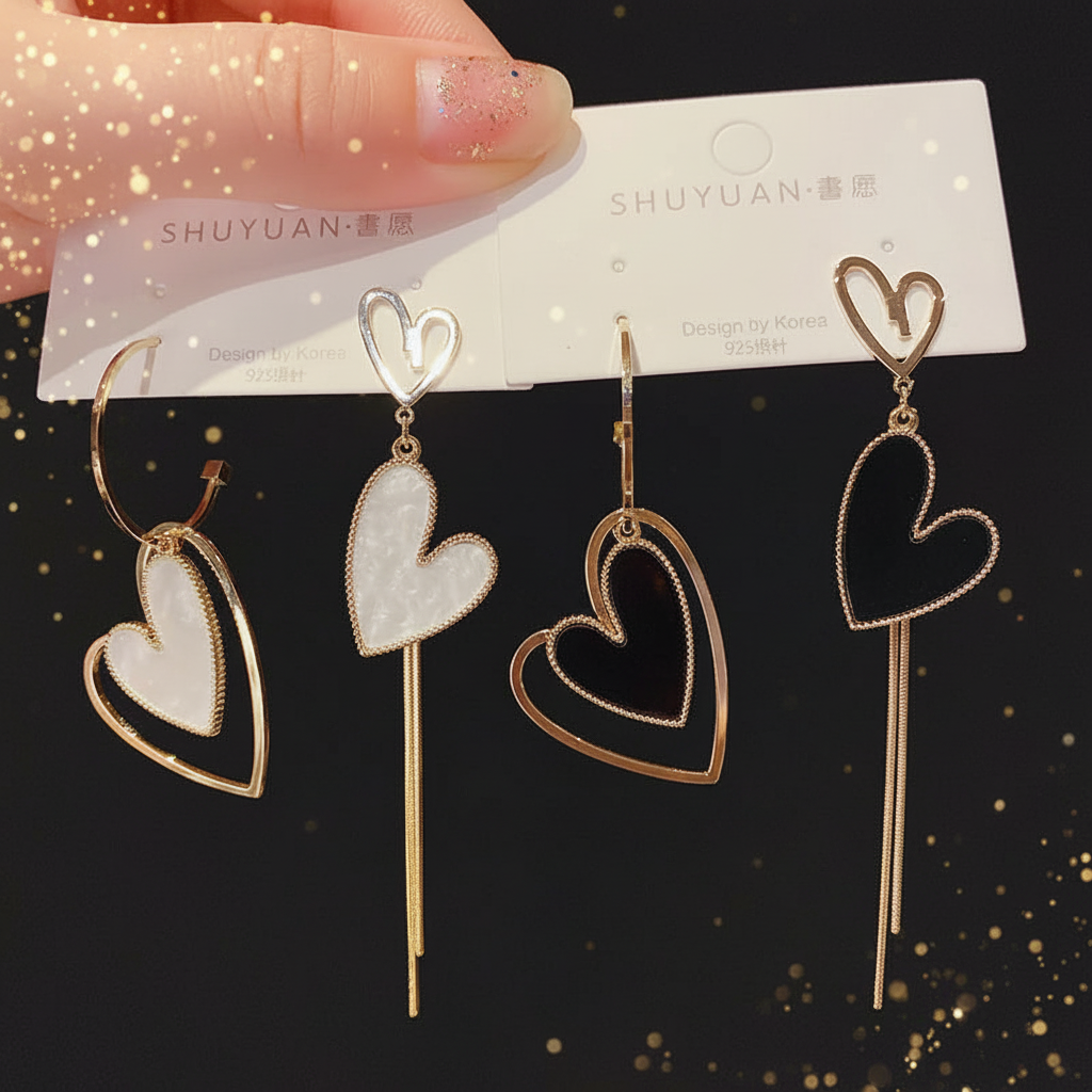 Asymmetrische Herz-Ohrringe Premium Dark-Luxe