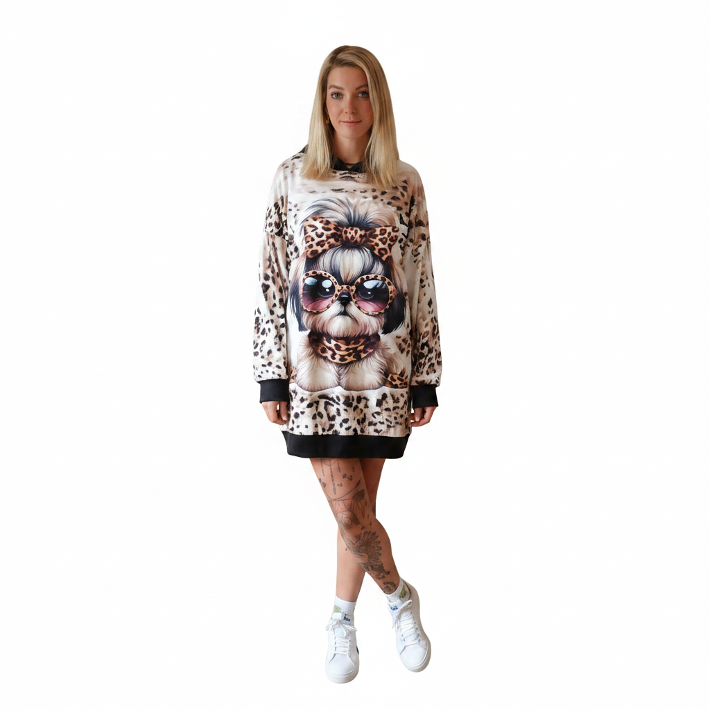 Boho-Luxe Damenmode: Weißes Sweatshirt mit Leopardenmuster und Hundemotiv.