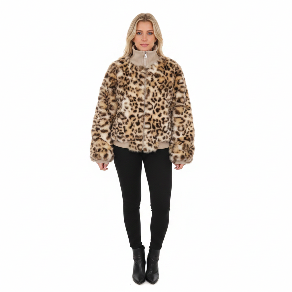 Leopard Jacke Damen Kunstfell beiger Stehkragen Freisteller weißer Hintergrund GMC