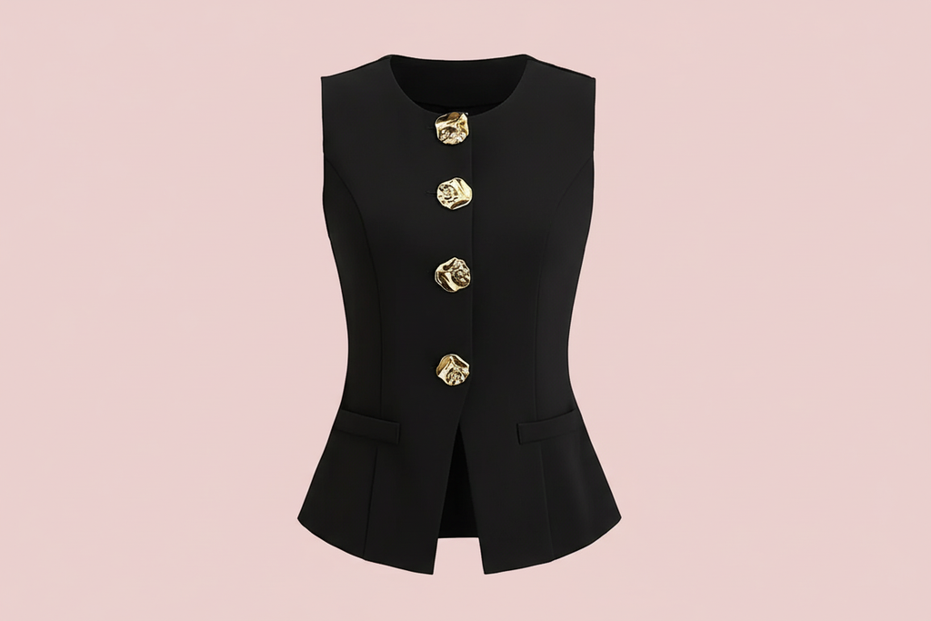 Elegante Damen-Weste mit Metallknöpfen auf Pastel Pink Hintergrund