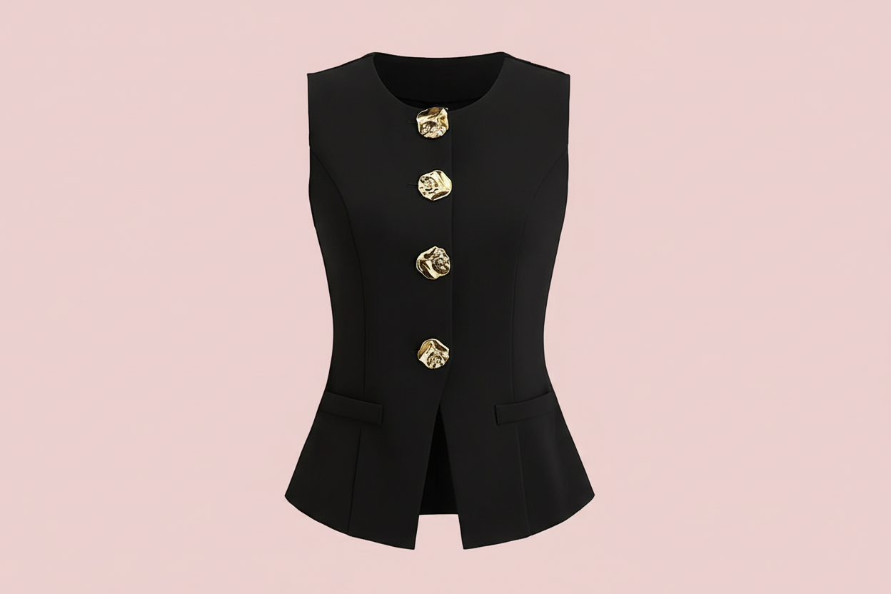 Elegante Damen-Weste mit Metallknöpfen auf Pastel Pink Hintergrund