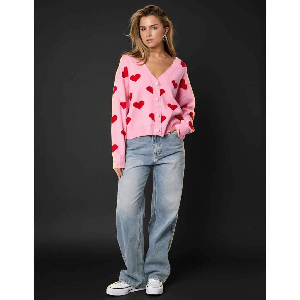 Damen Viskose Cardigan Herzmuster Cute - Dark Luxe Style
