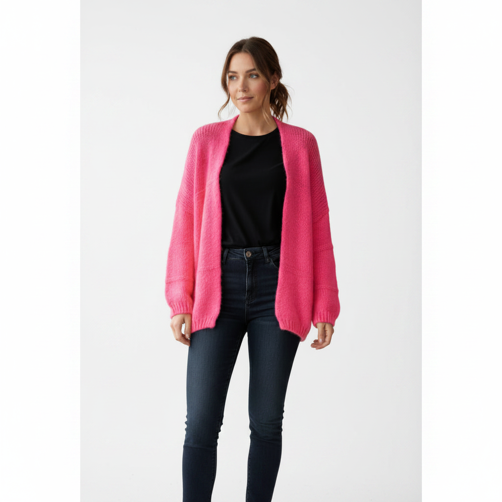 Oversize Cardigan Pink Damen – weißer Hintergrund, GMC-optimiert, Boho-Luxe Strickjacke Fuchsia