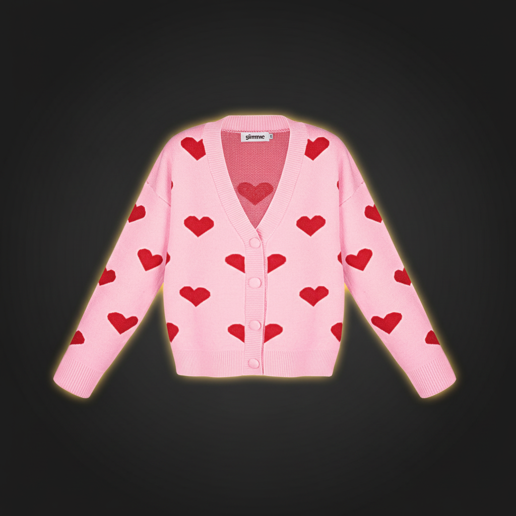 Damen Viskose Cardigan Herzmuster Cute - Dark Luxe Style