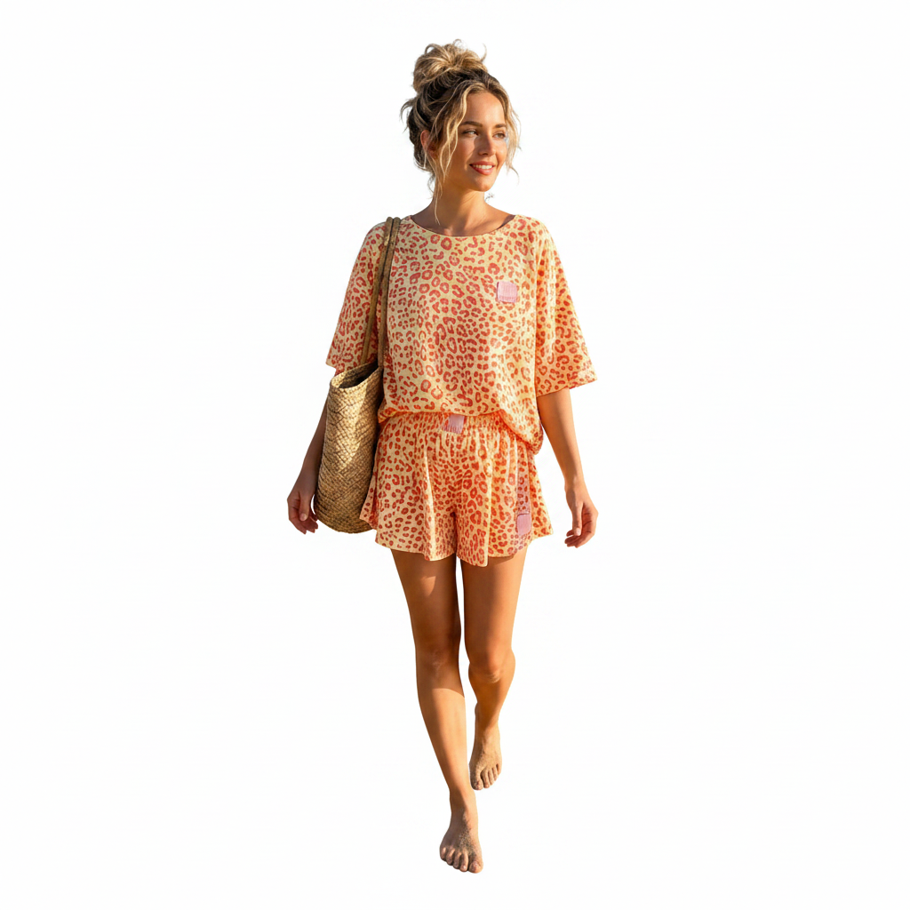 Boho-Luxe Damenmode: Zweiteiliges Set mit Leopardenmuster in Orange-Tönen aus leichtem Stoff.