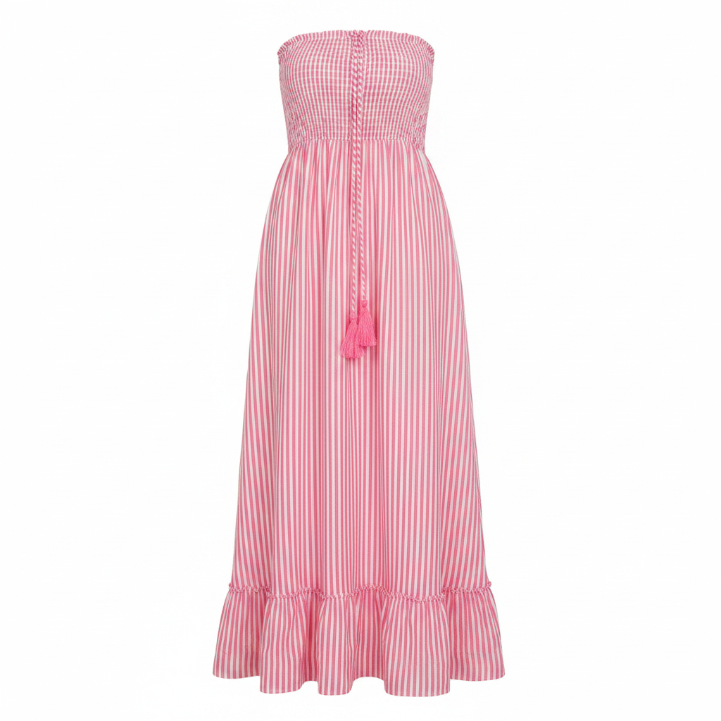 Boho-Luxe Maxikleid mit rosa-weißen Streifen und Raffung aus leichtem Stoff