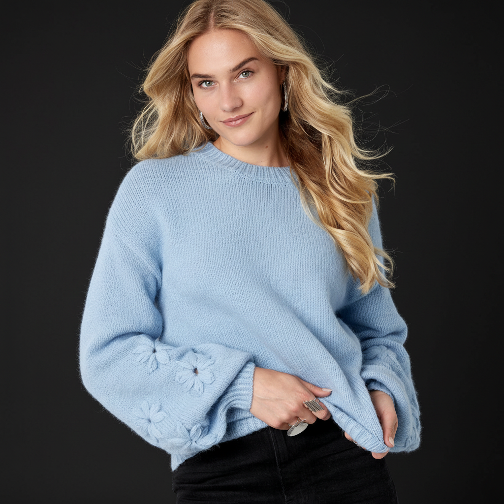 Damen Oversized Pullover Woll-Mix Florale Applikation - Dark Luxe Style