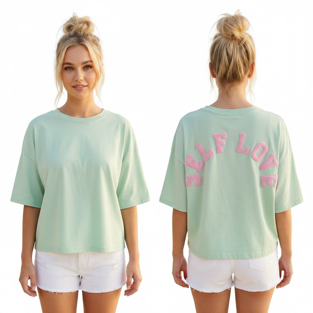 Mintgrünes Oversize T-Shirt mit pinkem SELF LOVE 3D-Backprint, weißer Hintergrund, GMC-Produktbild