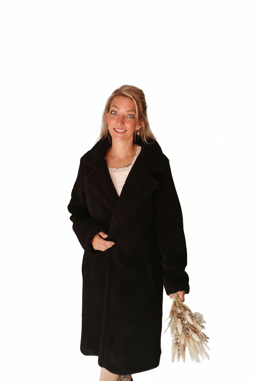 SK-Style Teddy-Mantel Damen – Kuschelig, Lang, Schwarz & Beige | Bouclé-Stil