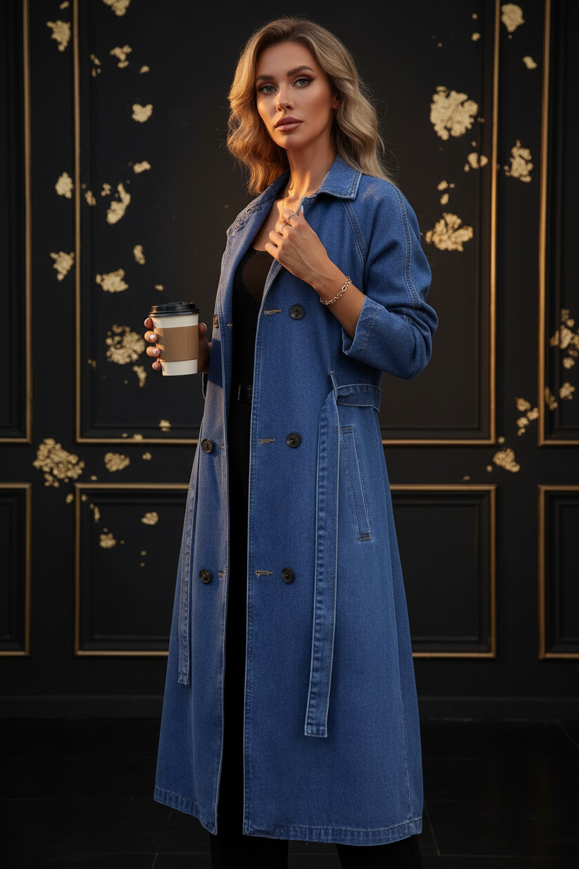 Damen Lange Jeansjacke - Premium Dark Luxe Style