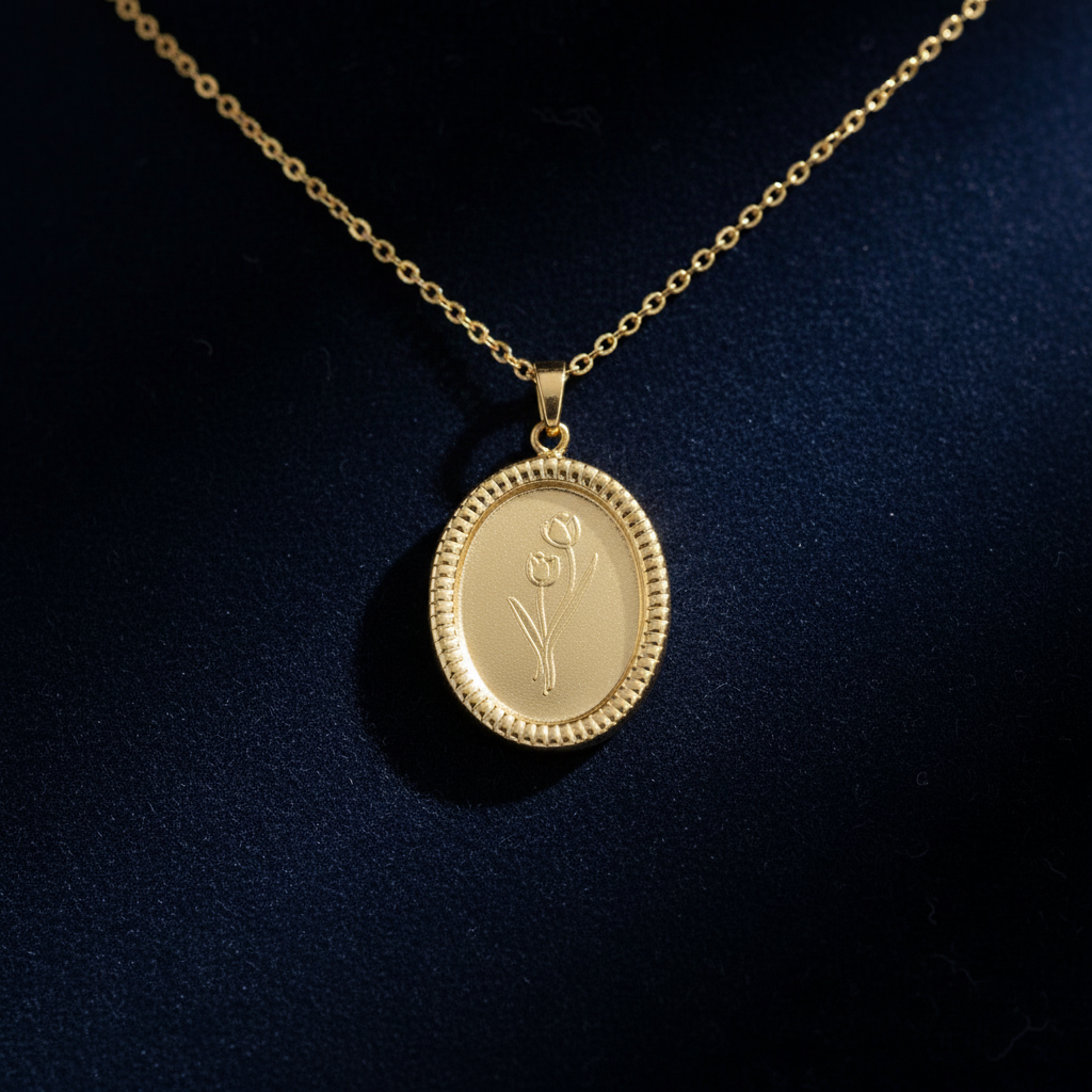 Tulpenblüte Halskette Detail Nahaufnahme auf dunklem Hintergrund