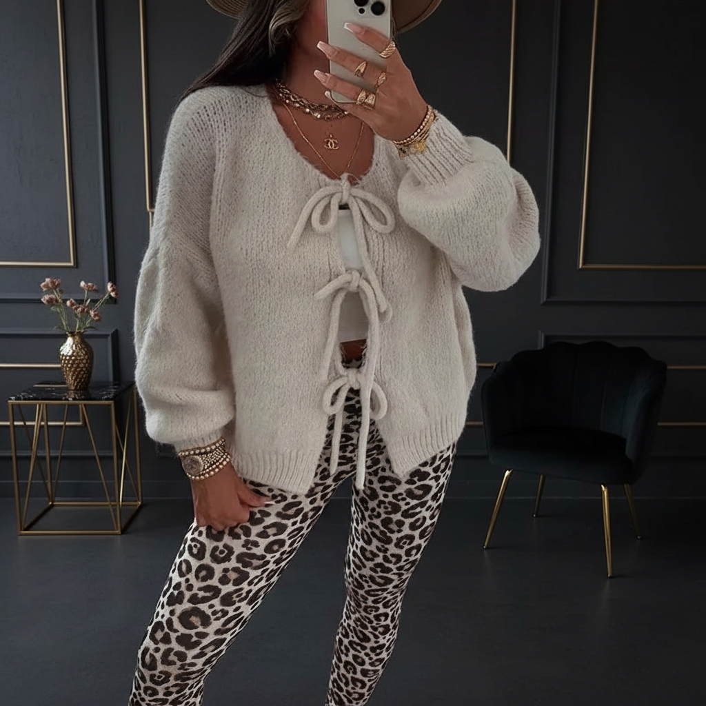 Eleganter Woll-Cardigan mit Schleife - Dark Luxe