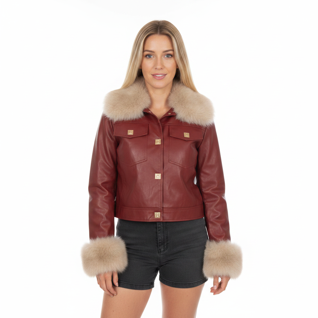 Rote Kunstlederjacke Damen mit Fellkragen – GMC Produktbild weißer Hintergrund | SK-Style & Kompetenz