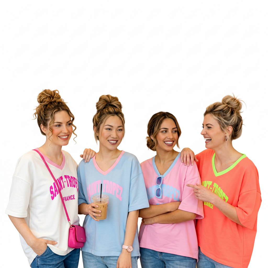 Vier Frauen in farbenfrohen Boho-Luxe T-Shirts aus Baumwolle im sommerlichen Look.