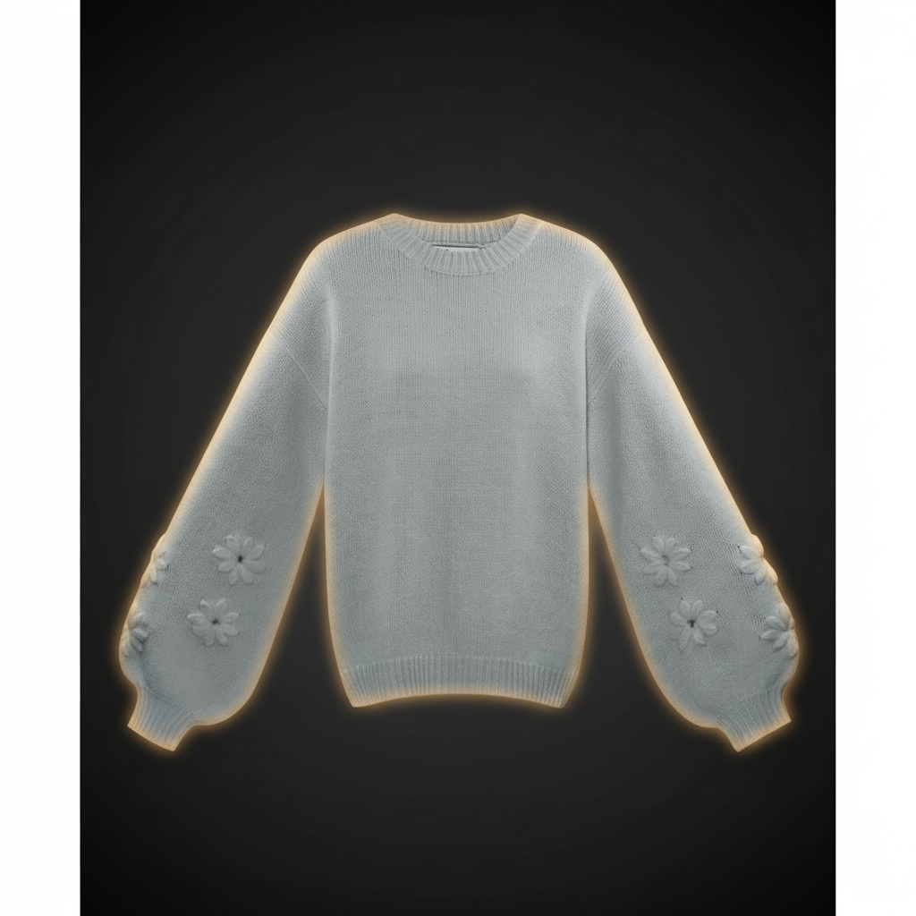 Damen Oversized Pullover Woll-Mix Florale Applikation - Dark Luxe Style