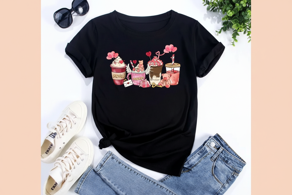 Oversized T-Shirt Coffee Cup Print auf Pastel Peach Hintergrund