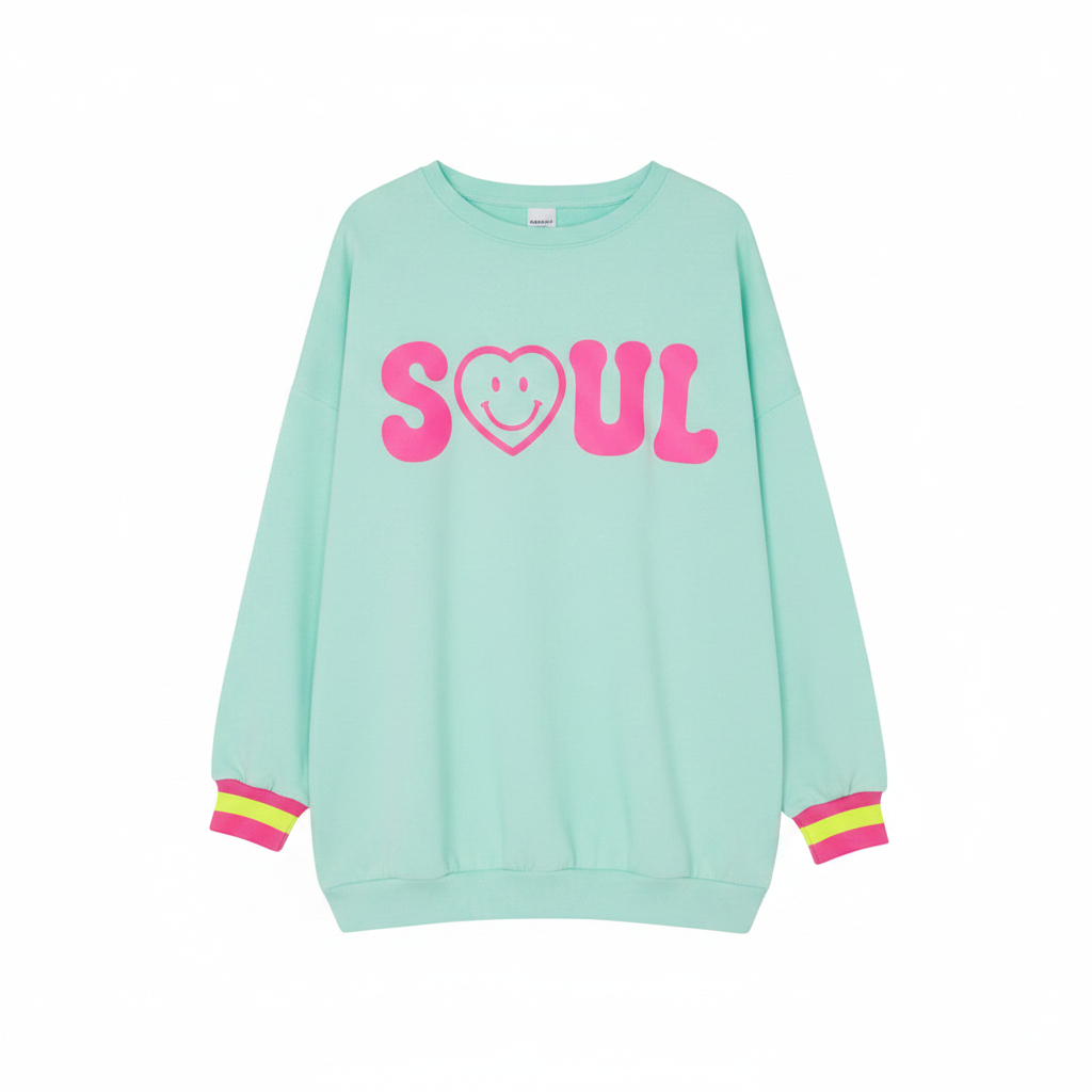 Mintgrüner Boho-Luxe Sweatshirt aus weichem Baumwollstoff mit pinkem Soul-Herz-Print.