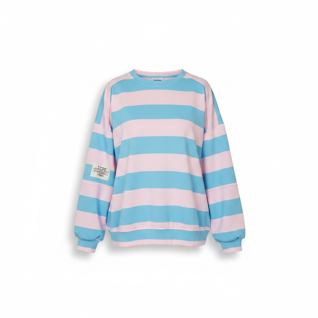 Boho-Luxe Sweatshirt für Damen mit hellblau-rosa Querstreifen aus weichem Baumwollstoff.