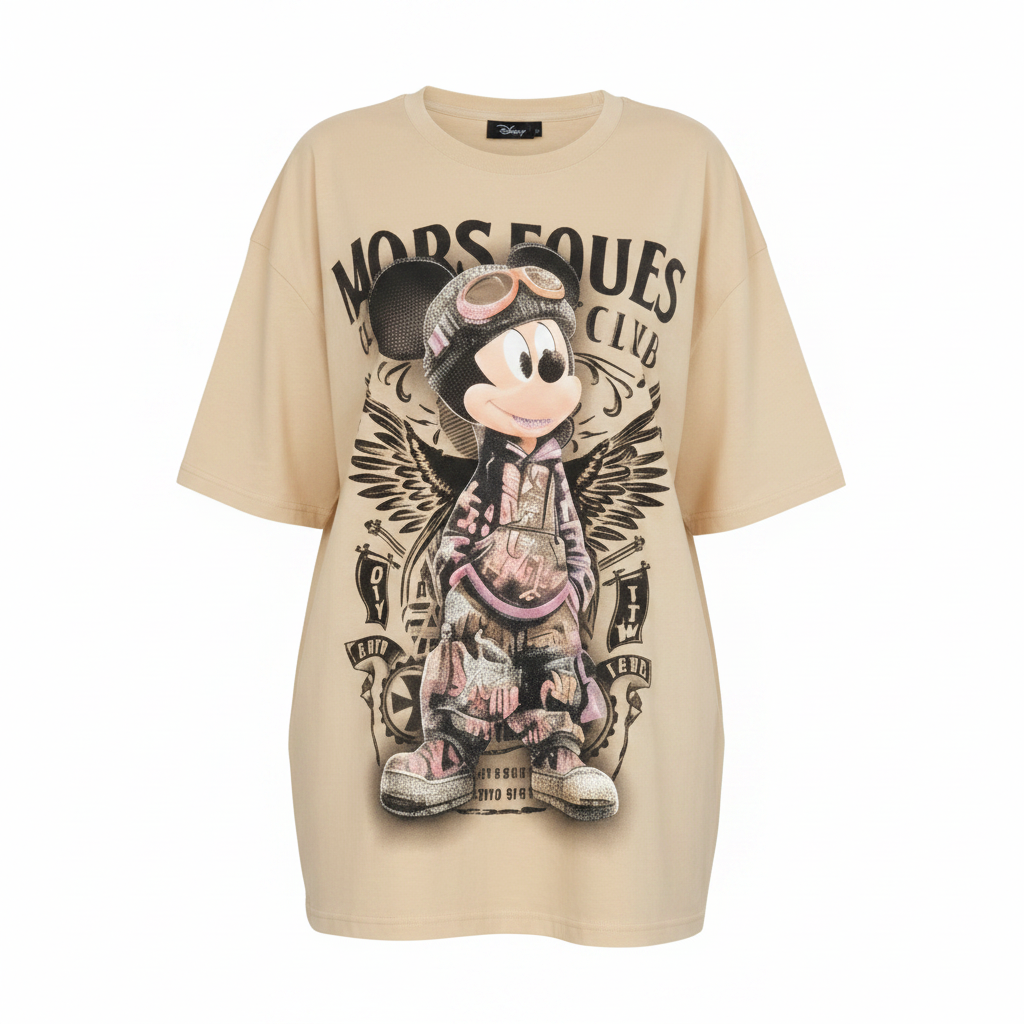 Beiges Damen Oversize T-Shirt mit Mickey Mouse Pilot-Print freigestellt auf weißem Hintergrund – GMC Produktfoto