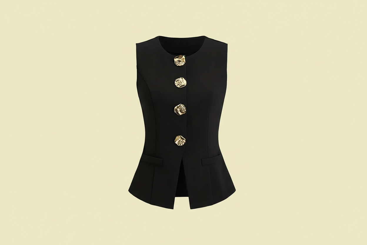 Elegante Damen-Weste mit Metallknöpfen auf Pastel Yellow Hintergrund