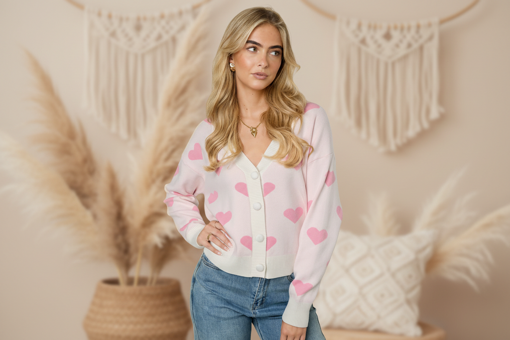 Damen Viskose Cardigan Herzmuster Cute - Dark Luxe Style
