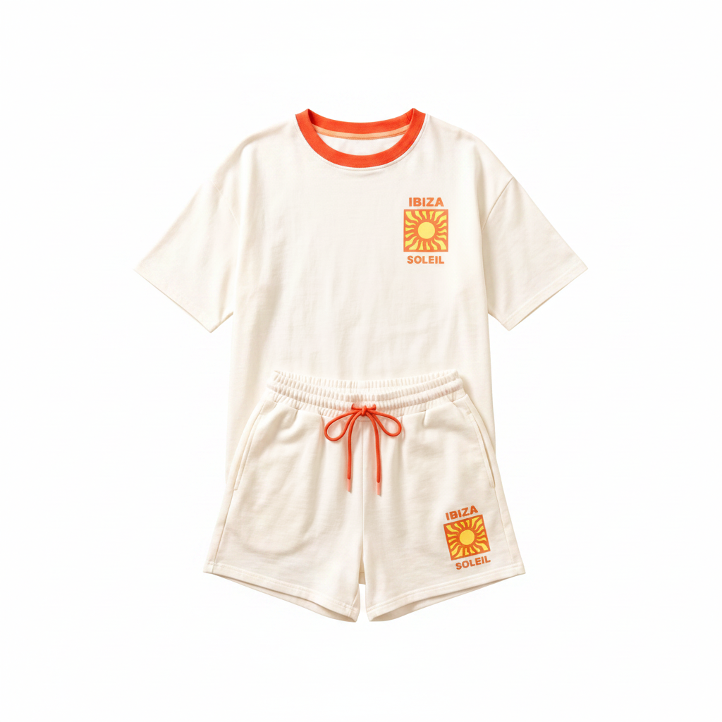 Weißes Boho-Luxe Damen-Set aus Baumwolle mit orangefarbenem Ibiza-Sonnen-Print.