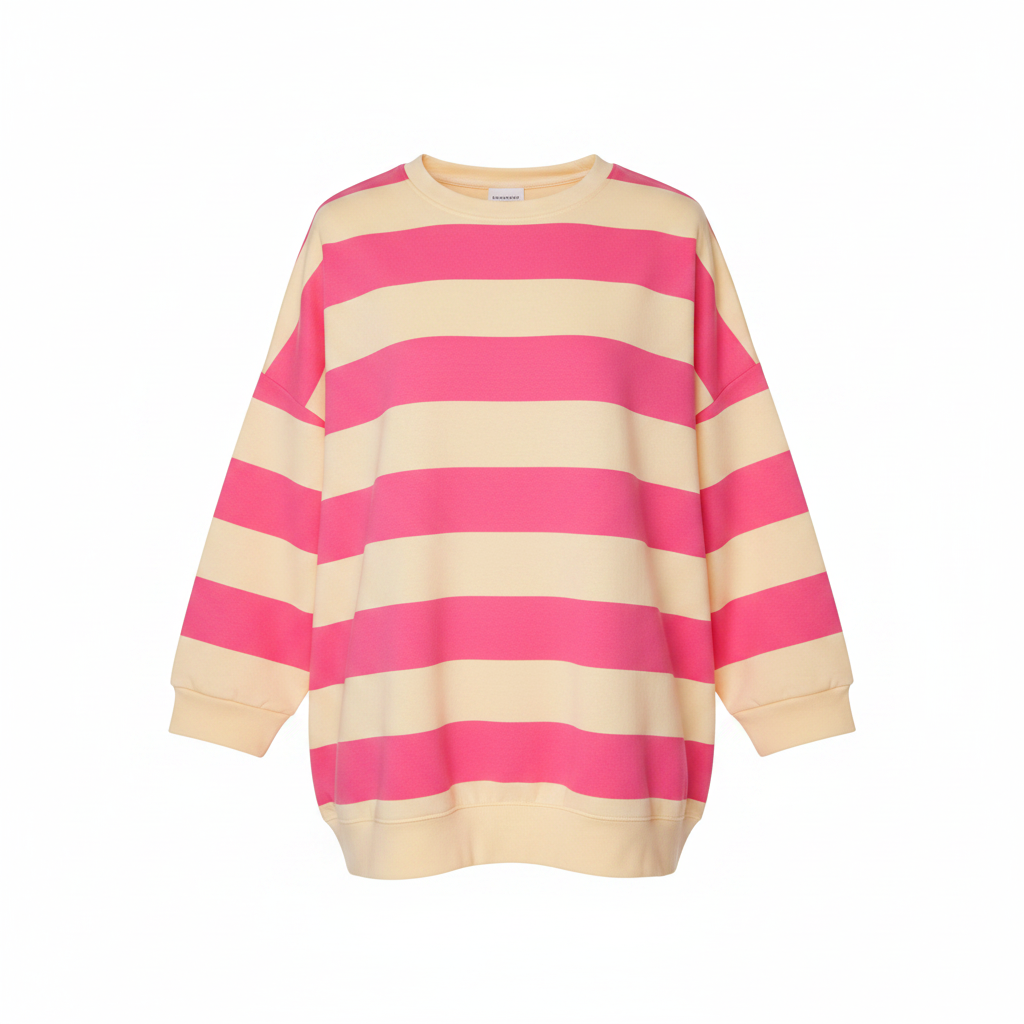 Boho-Luxe Damen-Sweatshirt mit rosa und gelben Querstreifen aus weichem Baumwollstoff.