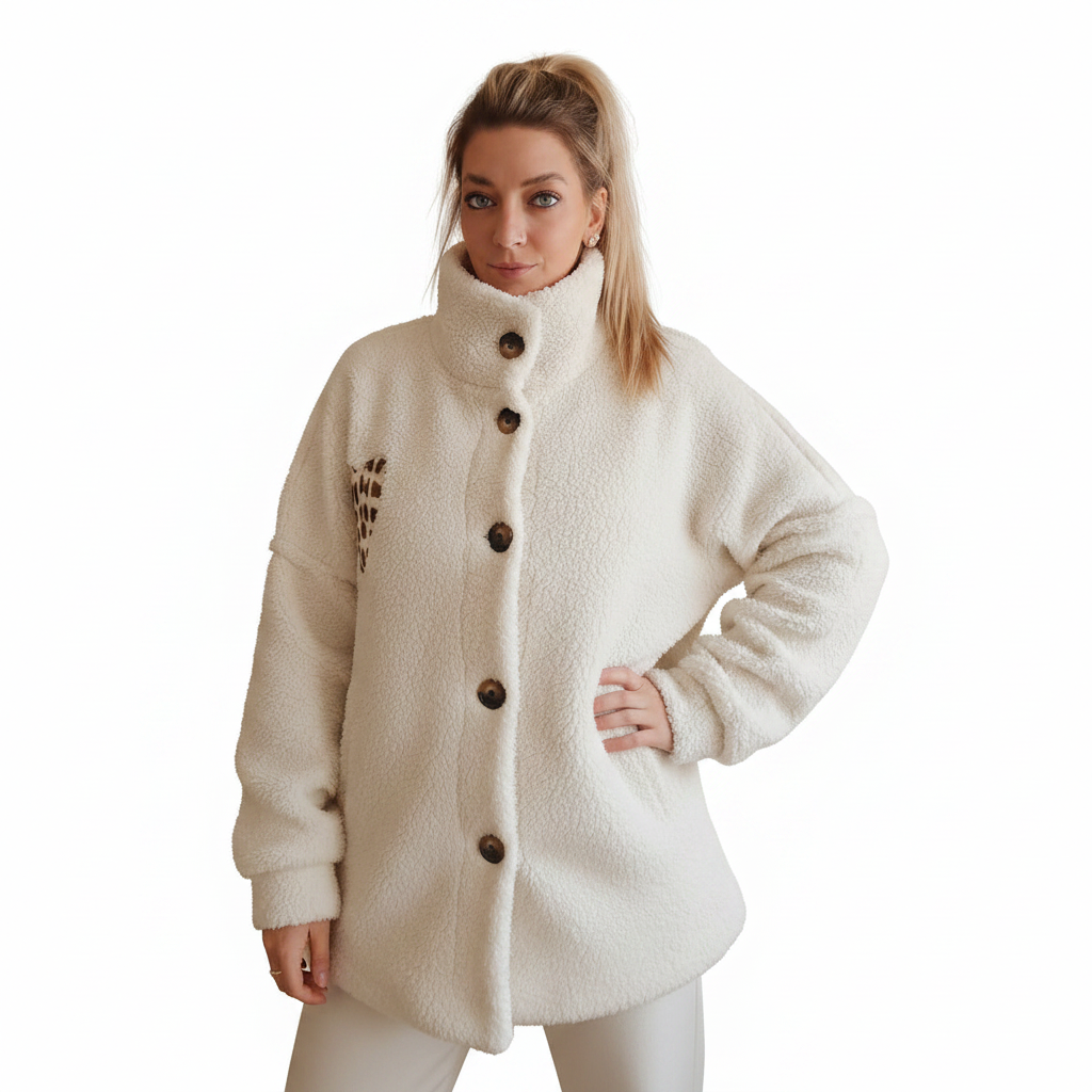 Oversize Teddy-Jacke cremeweiss mit Leo-Herz-Patch und Knopfleiste – Made in Italy