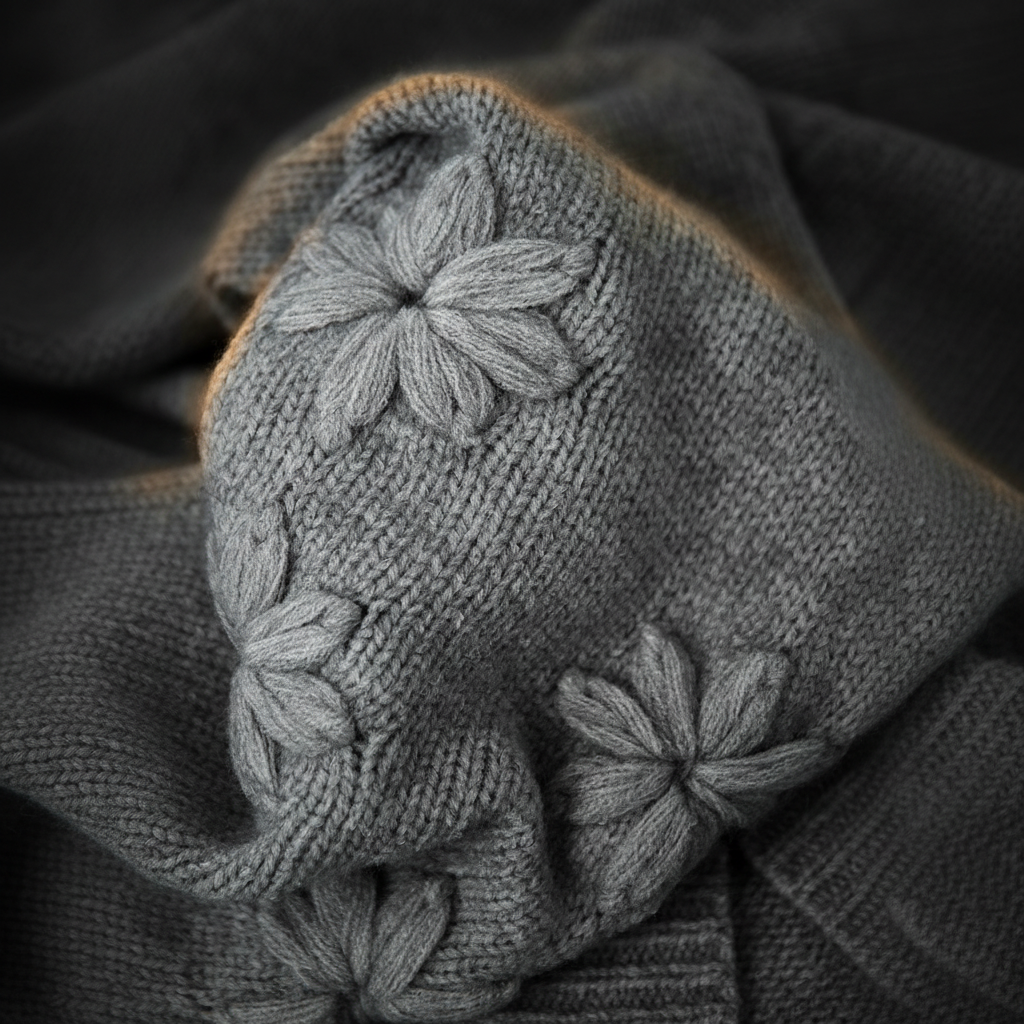 Damen Oversized Pullover Woll-Mix Florale Applikation - Dark Luxe Style