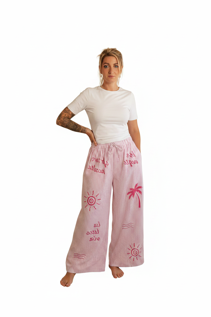 Boho-Luxe rosa gestreifte Palazzo-Hose aus Baumwolle mit Palmen-Print.