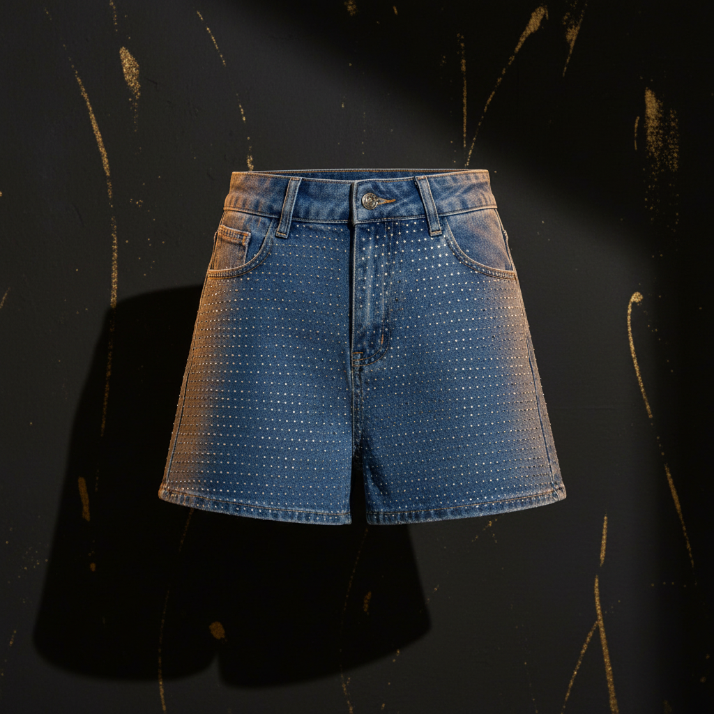 Damen High Waist Jeans Shorts Perforiert - Dark Luxe Style