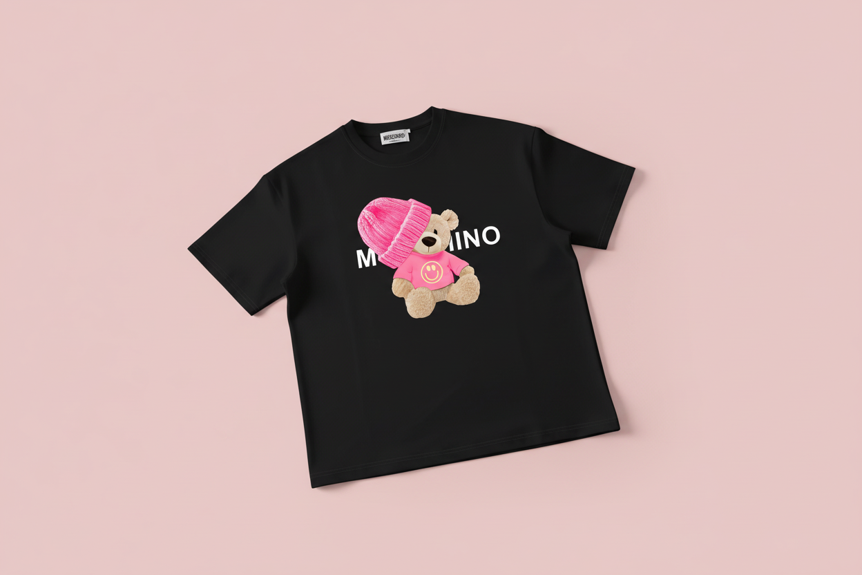 Teddy Bear Graphic T-Shirt Hellblau auf Pastel Pink Hintergrund